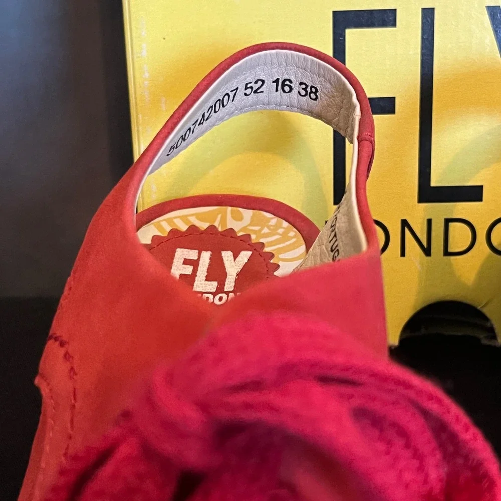 FLY LONDON Ylfa Red‎ Suede Lace Up Wedge Sandals Women Size 38
